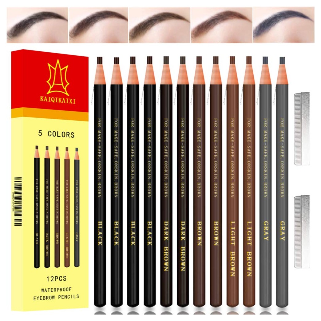Waterproof Eyebrow Pencils Brow Pencil Set For Marking, Filling And Outlining, Tattoo Makeup And Microblading Supplies Kit-Permanent Eye Brow Liners In, 12Pcs 5Colors(4Black6Brown2Gray） (Multicolor)