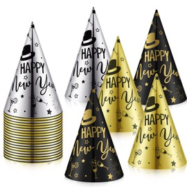 48 Pieces New Years Eve Paper Cone Hat Happy New Year Party Hats Fancy New Year Hat Kids' Party Hats for Kids and Adults New Years Eve Party Supplies Decorations Favors, 3 Colors, Black Gold Silver