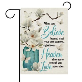 Dyrenson White Magnolia Flower Memorial Decorative Garden Flag, When You Believe Beyond What Your Eyes Can See Yard Outside Home Decoration, Floral Love Cemetery Outdoor Small Decor Double Sided 12x18