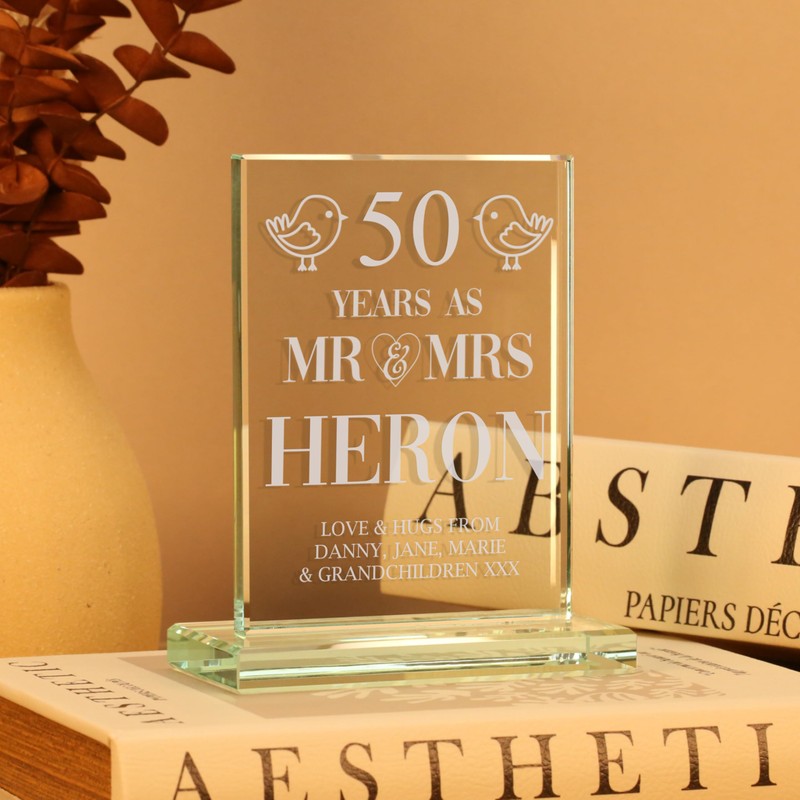 De Walden 50th Golden Wedding Anniversary Couple Glass Celebration Gift
