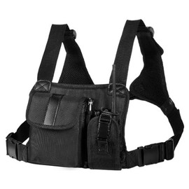 Radio Chest Harness Front Pack Pouch Holster Vest Rig for Two Way Walkie Talkie(Rescue Essentials) - Color: Leather Black