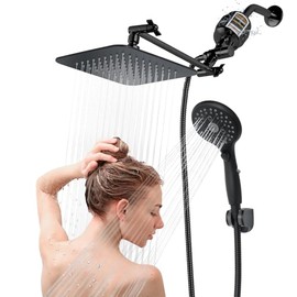 8'' Dual 20 Stage Filtered Shower Head with Handheld, 6 Spray Settings Handheld Shower Head High Pressure Rainfall Filter Combo with 12'' Adjustable Extension Arm, 71'' Shower Hose (Matte Black)