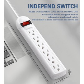 Extension Cord 6 ft - Long Power Strip Surge Protector, 6 AC Outlet Flat Plug, Wall Mount, Multi Plug Outlet Extender Desk Charging Station for Computer Home Office Dorm Room Essentials