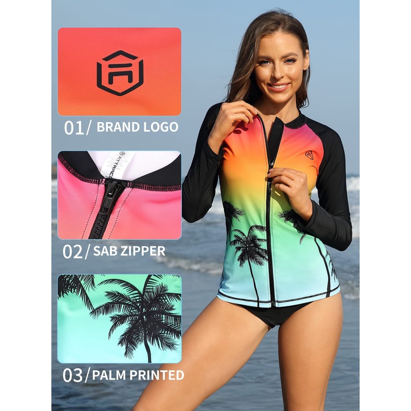 ATTRACO Womens Rash Vest Zipper Long Sleeve UPF 50 Rash