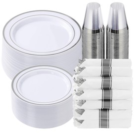Goodluck Goodluck 350 Piece Silver Plastic Dinnerware Set for 50 Guests, Fancy Disposable Plates for Party, Include: 50 Dinner Plates, 50 Dessert Plates, 50 Pre Rolled Napkins with Silver Silverware, 50 Cups