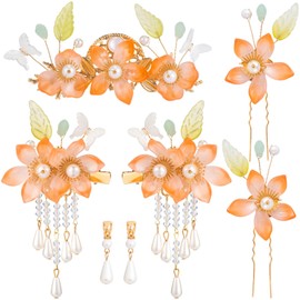 HINZIC 5pcs Flower Tassels Hairpin for Women, Non-Slip Pearl Butterfly Love Flower Hair Combs, Retro Chinese Hanfu Wedding Brides Hair Accessories for Long Hair
