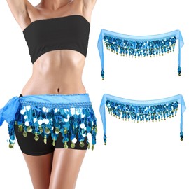 Baisdan Belly Dance Skirt 2Pack, Belly Dance Hip Scarf, Belly Dancer Costumes for Women, Belly Dancing Outfits, Belly Dance Coin Skirts, Light Blue