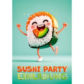 Moosthaler Einladungskarten Kindergeburtstag Mädchen - Sushi Party – 12 lustige Karten für Deinen Geburtstag – fröhliches Maki Sushi-Motiv – witzige Einladungskarten für Jungen & Mädchen