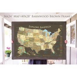 National Parks Map and USA Map - Explore America Map - Large Framed Push Pin Map - Brown Edition - Includes 100 map pins