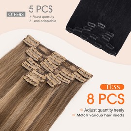 TESS Seamless Clip in Hair Extensions Human Hair Remy Clip ins Natural Soft Straight 8pcs 18Clips, 10 Inch, Chocolate Brown Mixed Light Brown