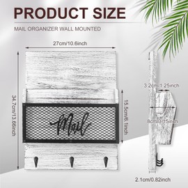 Yalikop Mail Organizer Wall Mounted Mail Holder Hanging Key and Mail sorter with 3 Hooks Indoor Wooden Wall Mounted Mail Holder for Mail, Letter, Magazines, Newspapers, Keys (White Gray)