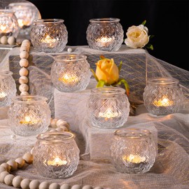 DARJEN 12Pcs Clear Votive Candle Holders - Round Glass Candle Holders for Tea Light Candle, Embossed Candle Votives for Wedding Centerpiece, Living Room & Home Table Decor