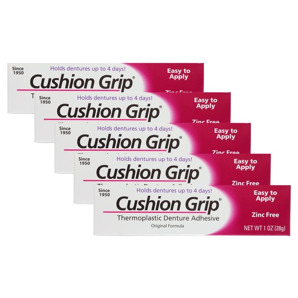 Cushion Grip Thermoplastic Denture Adhesive, 1 oz (Pack of 5) Makes Loose Dentures Fit Better and Stay in Place [Not a Glue Adhesive, Acts Like a Soft Reline]