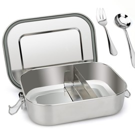 Lunbengo 1400ml Stainless Steel Lunch Containers with Lid, Metal Bento Box for Adults - Spoon and Fork - Adjustable 1 or 2 Compartments, Food Containers for Office Travel, 8.5'' x 6.5''