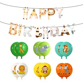 HDGSAFD 1 Set of Birthday Flags and 12 Animal Balloons with Ribbons, Party Supplies for Jungle Themed Party, Party Decorations
