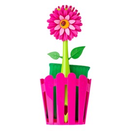 Vigar Flower Power 3-in-1 Kitchen Sink Caddy Set, Flower-Shaped Dish Brush, Sponge, Fence-shaped Holder and Suction Cup, Ideal Sink Organizer, Pink