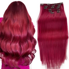 Clip in Hair Extensions Real Human Hair, Burgundy Hair Extension Real Human Hair Clip ins 22 Inch Double Weft Hair Extensions Human Hair Clip in Extensions 7pcs 70G Clip in Hair Extensions for Women