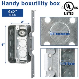 Yaocom 4 Pcs 1-7/8-inch Deep Metal Wall Outlet Box, 4 Inch by 2 inch Handy Box, Wood/Metal Stud Bracket Welded, 1/2-inch End Knockouts, Device Box Extension Ring for Install Power Socket and Switches