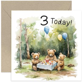 Old English Co. Third Birthday Card for Boy or Girl - Bear Picnic 3rd Birthday Card - Boy Birthday Card - Girl Birthday Card - Cute Age Three Birthday Card | Blank Inside Envelope