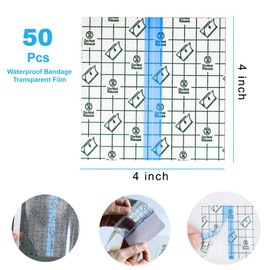OBTANIM 50 Sheet Transparent Waterproof Stretch Adhesive Bandage Clear Film Dressing Bandages Tape Cover for Tattoo Shower Swimming Protector (4 x 4 Inch)