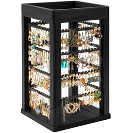 Emfogo Earring Organizer, Rustic Wood Earring Stand, 4 Tiers Earring Holder Organizer Stand with 192 Earring Tree Holes Display for Stud Earrings, Hoop Earrings & Necklaces, Women Gifts