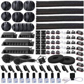 DRIVUU 311Pcs Cable Management Organizer Kit 4 Cable Sleeve Split,53Cable Clips 12Cord Clips Holder,22 Cable Ties, 20 Adhesive Wall Cable Tie, 200Fasten Cable Ties for TV Office Home Electronics