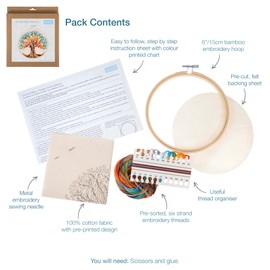 Trimits Embroidery Hoop Kits - 15cm 6” Beginner Starter Set, Includes Bamboo Hoop Threads Cloth Needle Backing & Instructions, Tree of Life