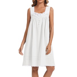 AVIIER 100% Cotton Nightgowns for Women Sleeveless Night Gown with Pockets White M
