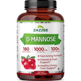 Zazzee D-Mannose, 1000 mg per Serving, 180 Vegan Capsules, 3 Month Supply, Potent & Fast-Acting, Certified Kosher, 100% Pure, All-Natural Urinary Tract Health Support, 100% Vegetarian, Non-GMO