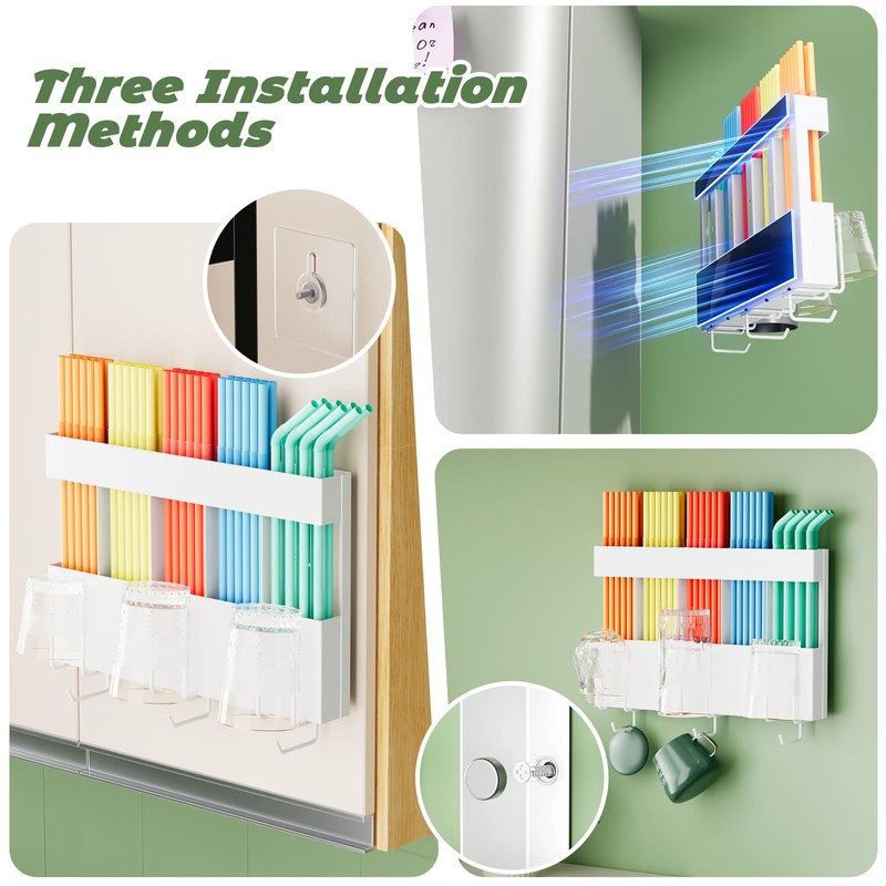 Metal Straw Holder for Cabinet Doors, Magnetic Cup and Straw