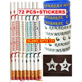 Ramadan Stickers(200)+ 72 Pcs Ramadan Mubarak Wristbands+Pencils+Wooden Cutout Happy Ramadan Kareem Gifts for Kids Arabic Novelty Moroccan Egyptian Lantern Stickers رمضان مبارك