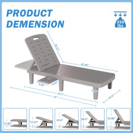 MEOOEM Pool Chaise Lounge Chair Set of 2 with Cup Holder & 5 Position Adjustable Backrest for Outside Outdoor Poolside Deck, Oversized Patio Lounger Chairs Grey