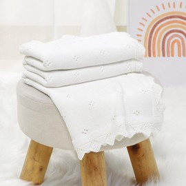 Hadetoto Baby Blanket 100% Cotton Knit Baby Blankets Baby Gifts Baby Essentials for Newborn, 100 x 80 cm (White)