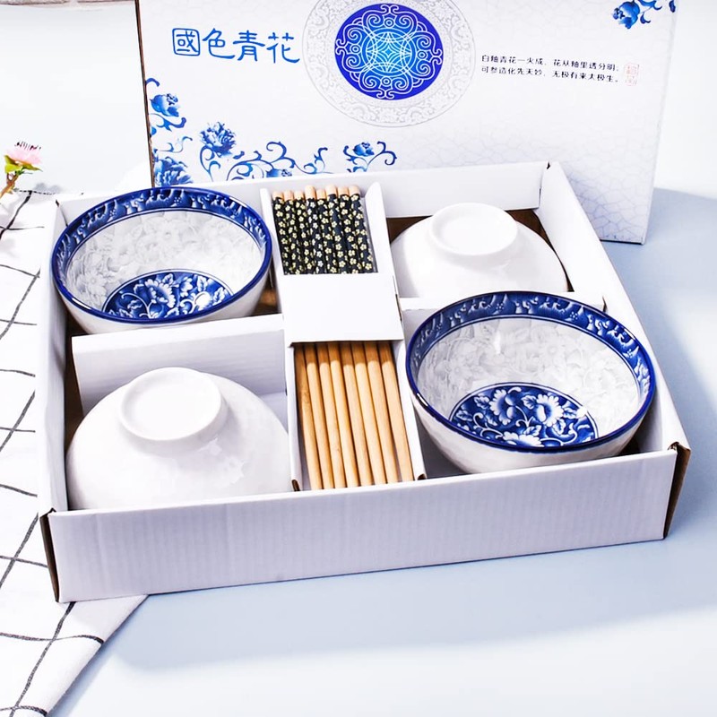Chinese Bowl and Chopsticks Set of 4 for Rice Soup
