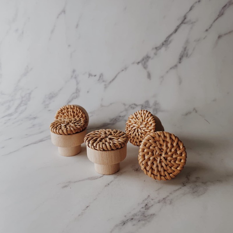 BOHOIFY 6pc Boho Rattan Knobs for Dresser, Drawers, Cabinet; Handmade