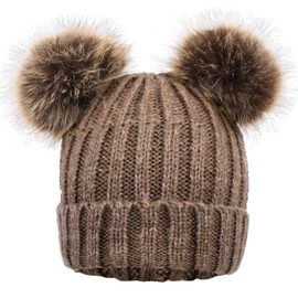 YoungLove Women Faux Fur Pompom Mickey Ears Winter Beanie Hat,Khaki