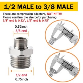 Kenpiko Faucet Supply Hose Adapter 3/8 Male to 1/2 Male Water Line Adapter 304 Stainless Steel Compression Fittings for RV Kitchen Plumbing 3/8 to 1/2(O.D×O.D:0.52"×0.75") with Rubber Washer(2 Pack)