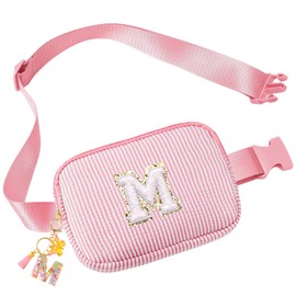 DOINEUFL Bauchtasche Kinder Mädchen, Bauchtasche Damen mit Schmetterlings-Buchstabenanhänger, Kosmetiktasche Personalisiert, Einstellbar Rosa Kulturtasche Mädchen für Frauen mit Buchstaben (M)