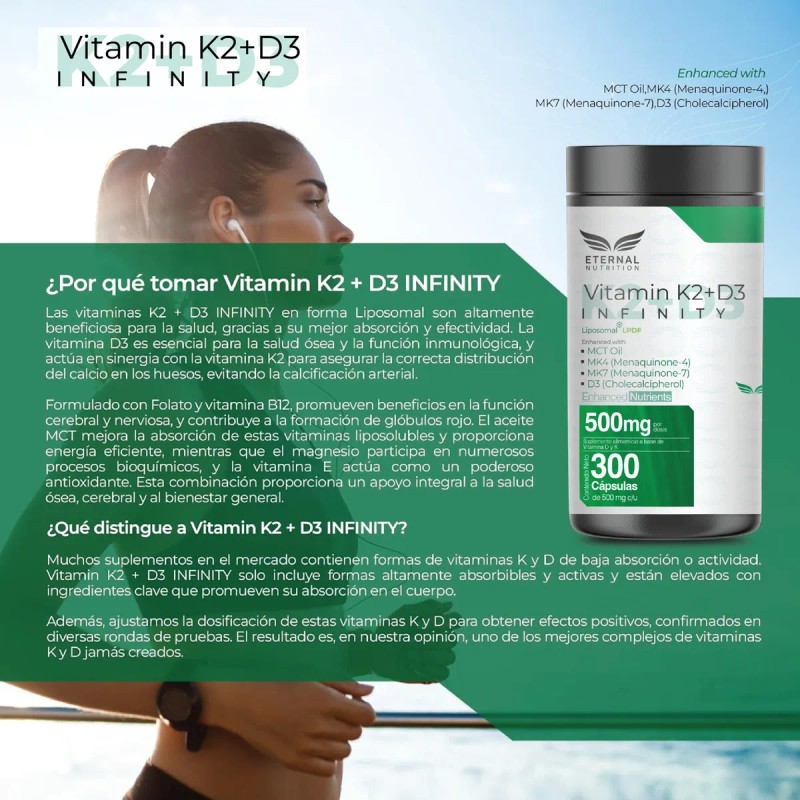 VITAMIN K2+D3 INFINTIY Liposomal 300 capsulas (500mg por porcion) Complejo