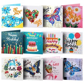 Satiskid 12 Pack DIY Diamond Painting Greeting Cards Set: 5D Rhinestone Birthday, Thank You and Hello Greeting Cards with Diamond Painting Tools and Envelopes, Craft Kits for Kids Adults