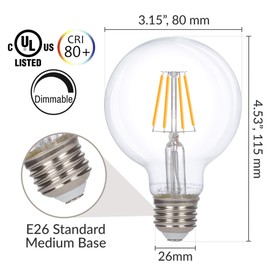 Simba Lighting LED Edison Vintage Vanity Globe Filament G25 (G80) 4W Dimmable 40W Equivalent (6 Pack) 120V Light Bulb for Bathroom Makeup Mirror, Medium E26 Base, CE, RoHS Compliant, Warm White 2700K