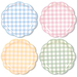 48Pcs Pastel Plaid Paper Plates, Scalloped, 9 Inch, 4 Colors