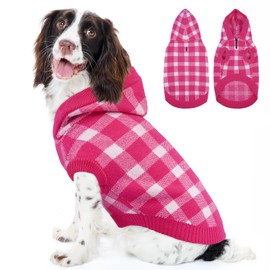 Kuoser Plaid Dog Sweater Hoodie, Warm Fleece Dog Sweaters for Medium Dogs, M Winter Knitwear Christmas Doggy Sweater, Cold Weather Pet Clothes for Girl Boy Dogs, Holiday Outfit and Gift, Pink M