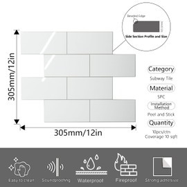 COLAMO Luxury 10 Sheet Peel and Stick Backsplash,12”x12”Pure White Subway Tile for Kitchen Wall,Self Adhesive Glossy Faux Marble Tile,Stick on Accent Wall Backsplash Tile for Living Room, Bedroom,RV