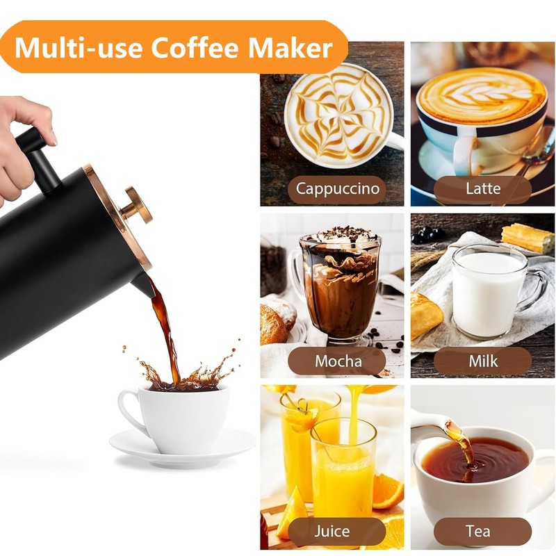 Meelio Black French Press Stainless Steel 34oz, Double Wall Insulated