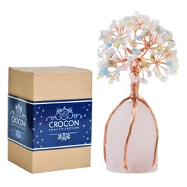 Mix Opal Gemstone Tree of Life Natural Rose Quartz Stone Base, Copper Wire Money Tree, Crystal for Positive Energy Attract Good Luck, Chakra Feng Shui Decor, Spiritual Gift