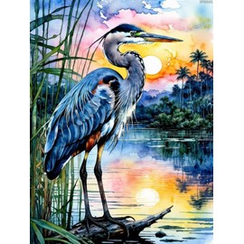 IPISSOI Landscape Art Adult Diamond Painting Kits, Blue Heron Diamond Painting Kits DIY Watercolor Animals Round Diamond Gemstone Artwork Home Office Wall Decoration 12x16 inch