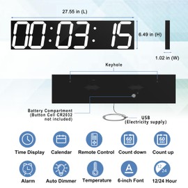 CHKOSDA Digital Wall Clock, Oversize Led Digital Clock with Auto Dimmer, Huge Countdown Timer with Remote Control, 27" Wide Led Display, 6 Digits, Wall Mount, Date and Temperature (White)