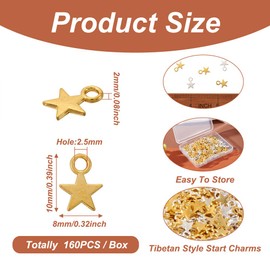 Cheriswelry 160pcs Tibetan Star Pendants Celestial Little Star Dangle Charms Beads for Jewelry Making (Platinum and Gold)