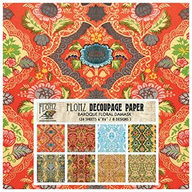 Decoupage Paper Pack (24 Sheets 6"x6") Baroque Floral Damask FLONZ Vintage Styled Paper for Decoupage, Craft and Scrapbooking